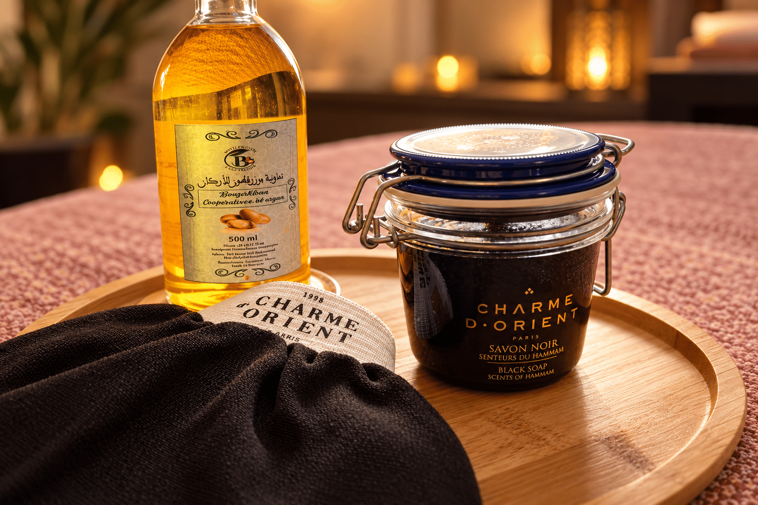 Savon noir, gant kessa et huile d’argan pour le Rituel du Maghreb