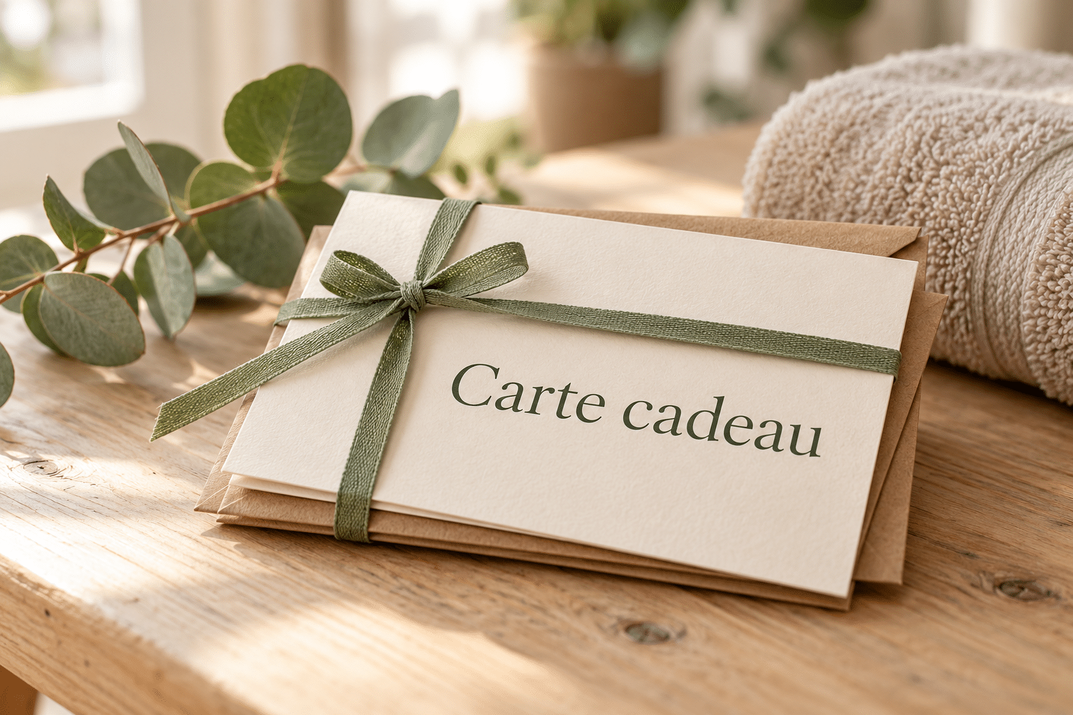 Illustration de cartes cadeaux bien-être avec un ruban vert et de l’eucalyptus