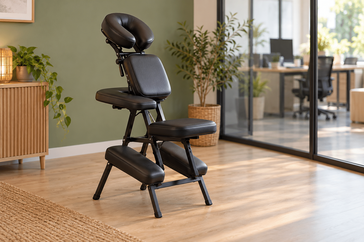 Illustration d’une chaise de massage assis installée dans un espace professionnel